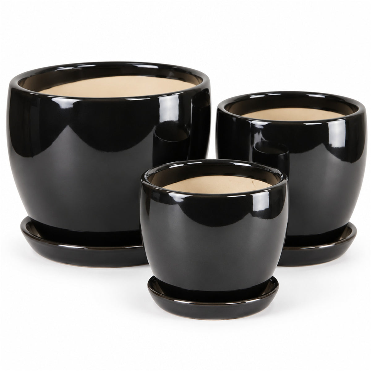Classic Round Ceramic Pot in gloss black, shown in three sizes
