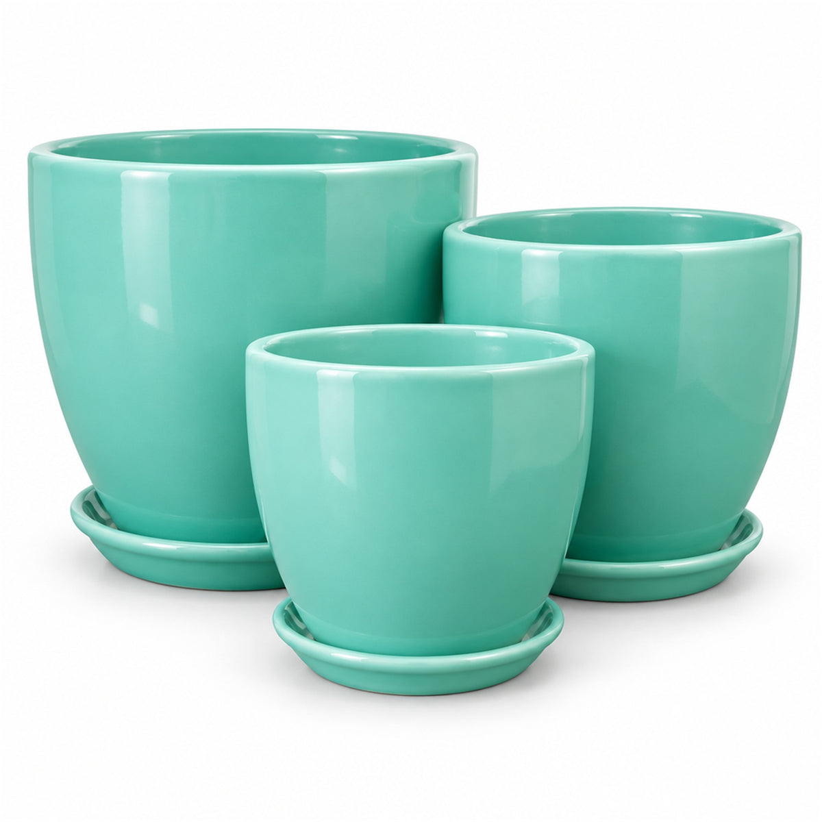 Colorful Ceramic Pot in mint green gloss, shown in three sizes