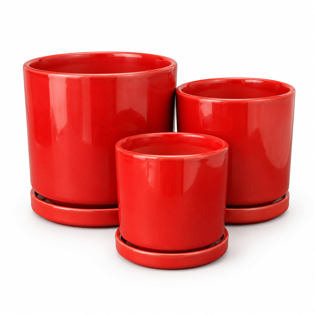 Gloss Ceramic Cylinder Pot in red, shown in three sizes