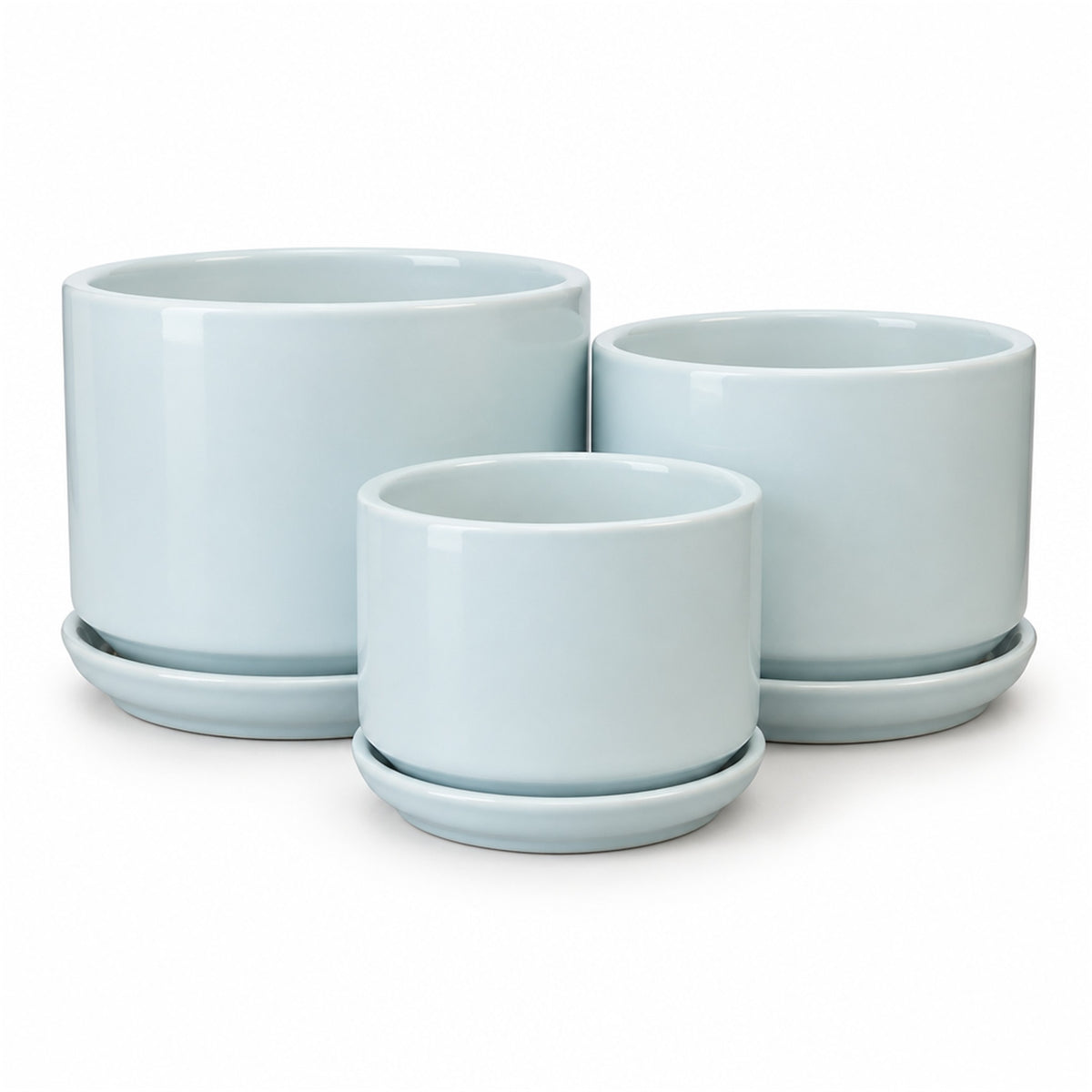 Low Round Gloss Ceramic Pot in sky blue, shown in three sizes