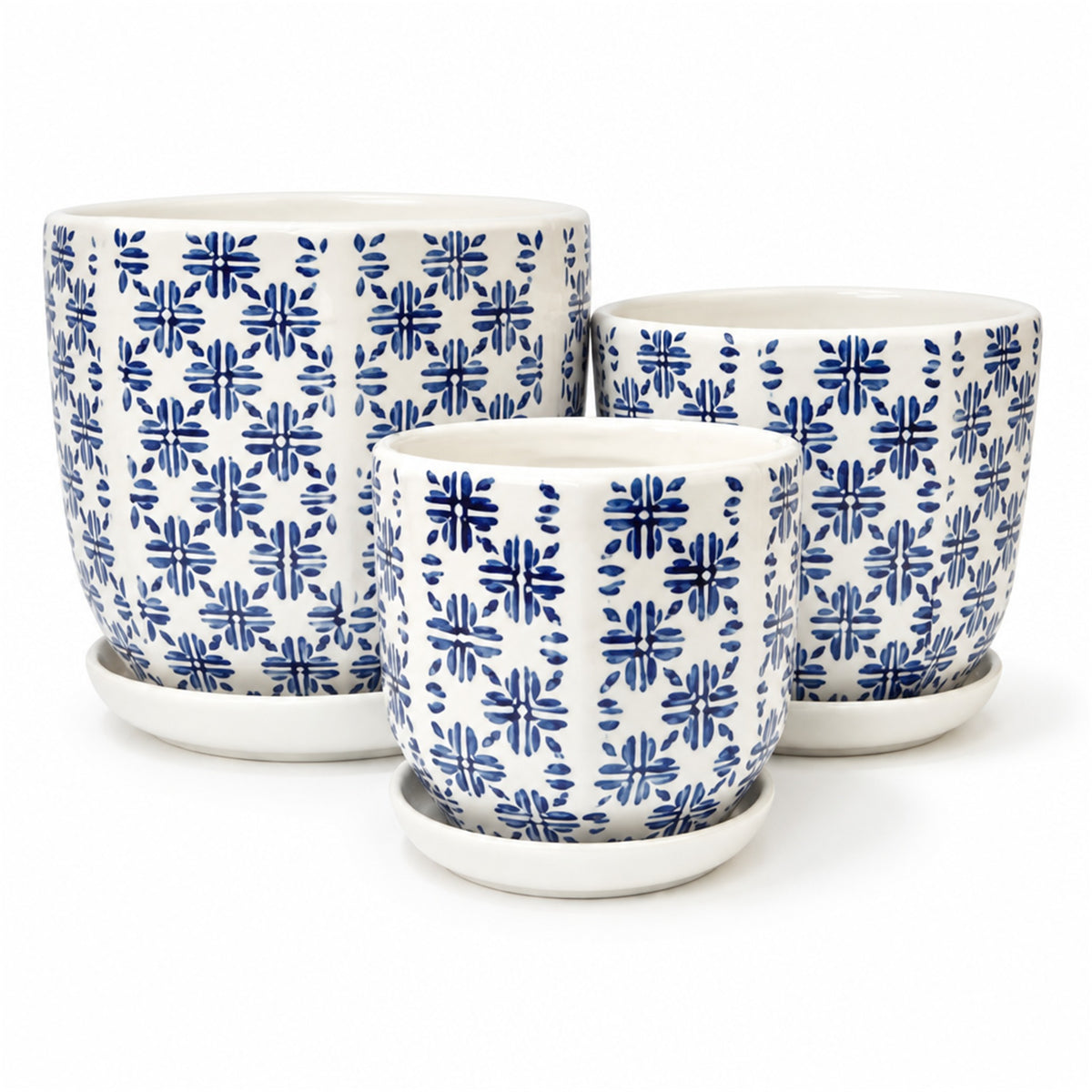 Navy Patterned Ceramic Pot in navy geo, shown in three sizes