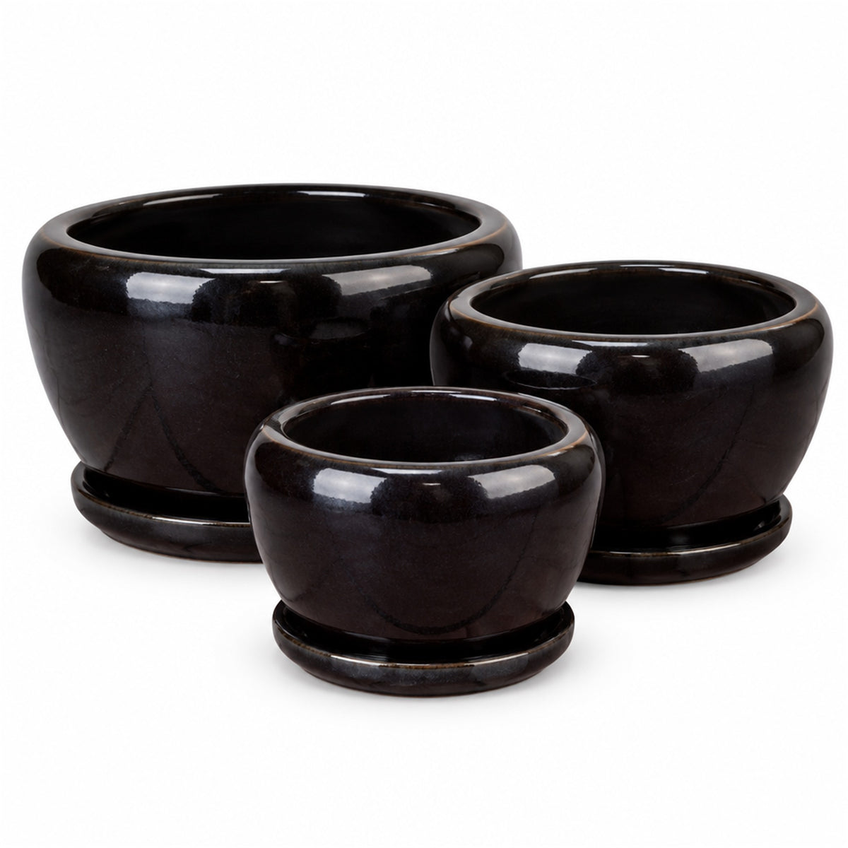 Tapered Egg Ceramic Pot in gloss black, shown in three sizes