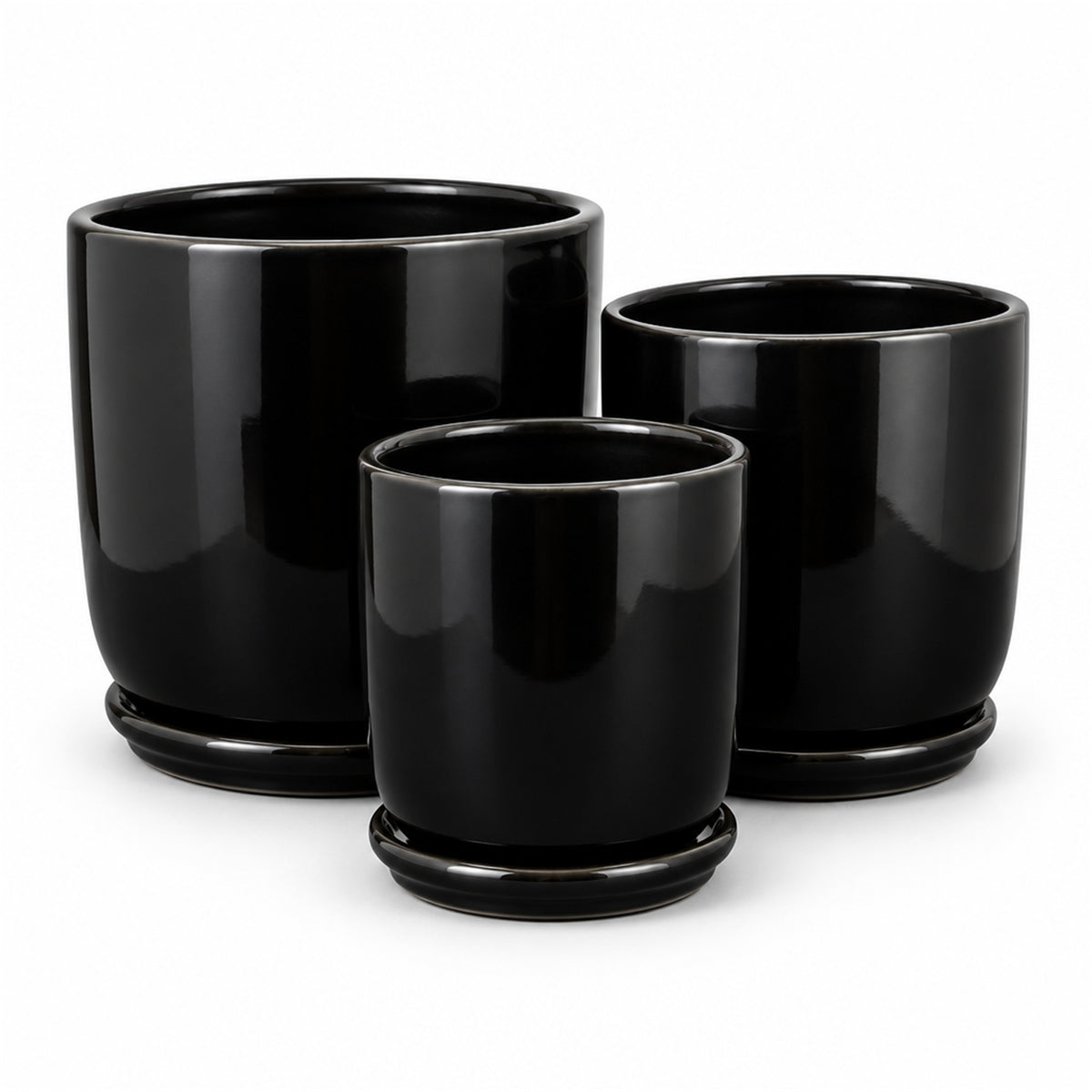 Tapered Round Ceramic Pot in gloss black, shown in three sizes