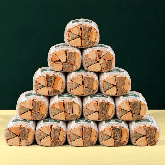 Photorealistic pyramid of 15 wrapped quarter-split firewood bundles, stacked five to one.