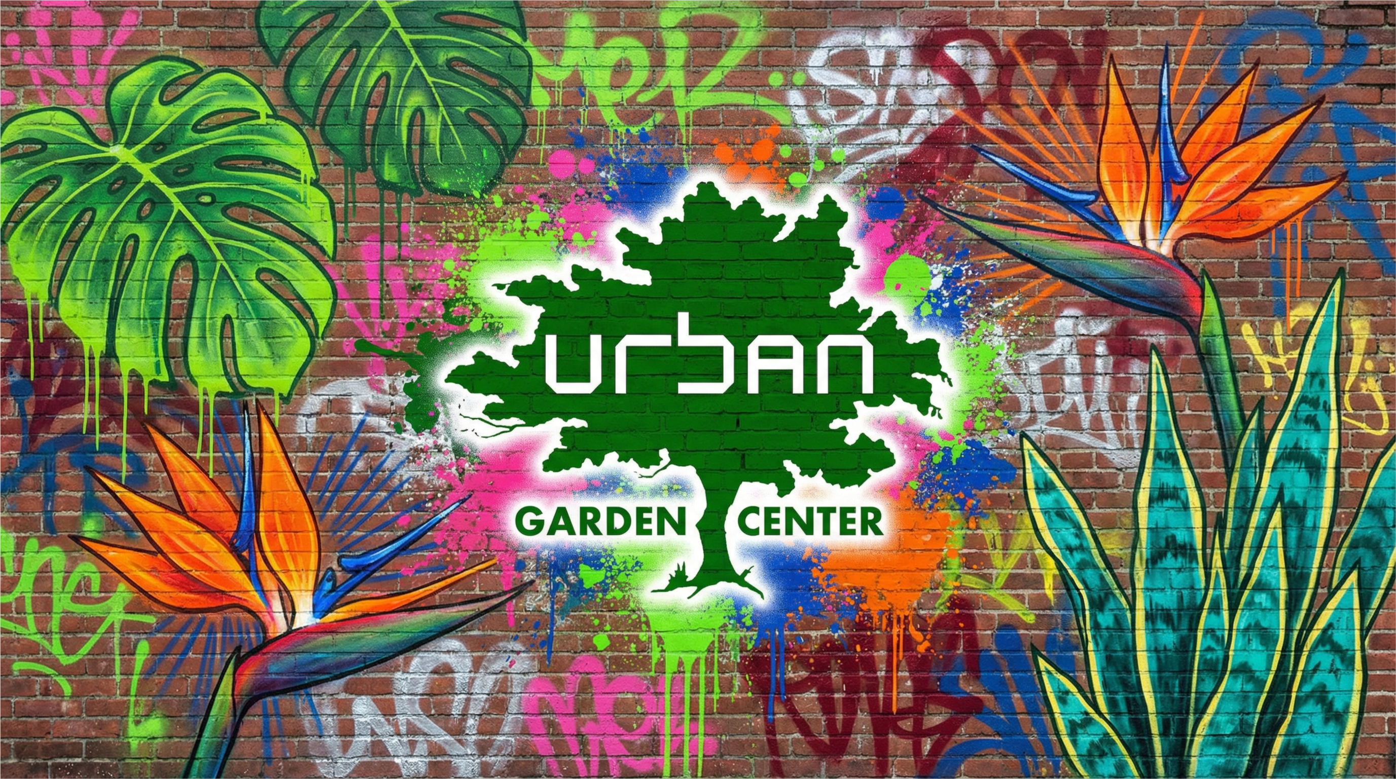Graffiti-style design with colorful plants and 'Urban Garden Center' logo on a brick wall.