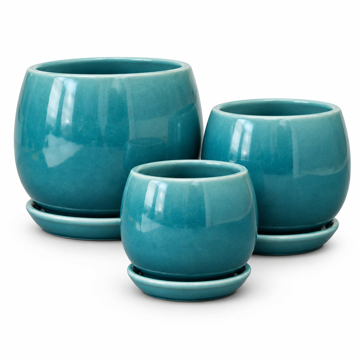 Ceramic Bowl Planter in teal, shown in three sizes