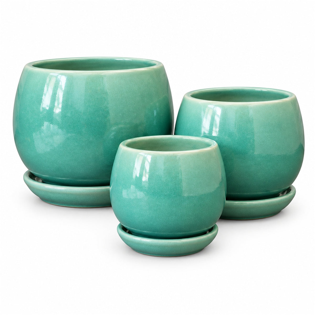 Ceramic Bowl Planter in turquoise, shown in three sizes