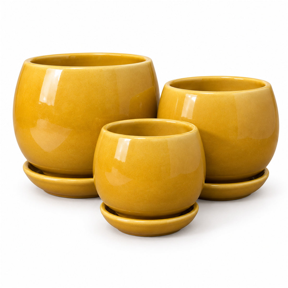 Ceramic Bowl Planter in yellow, shown in three sizes