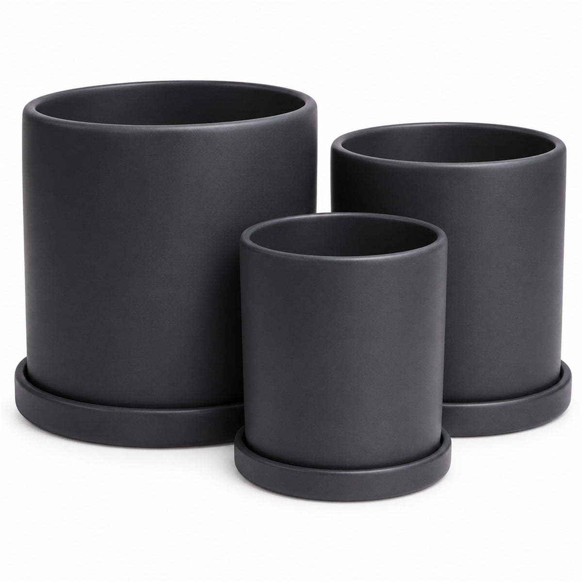 Ceramic Cylinder Pot in matte black, shown in three sizes