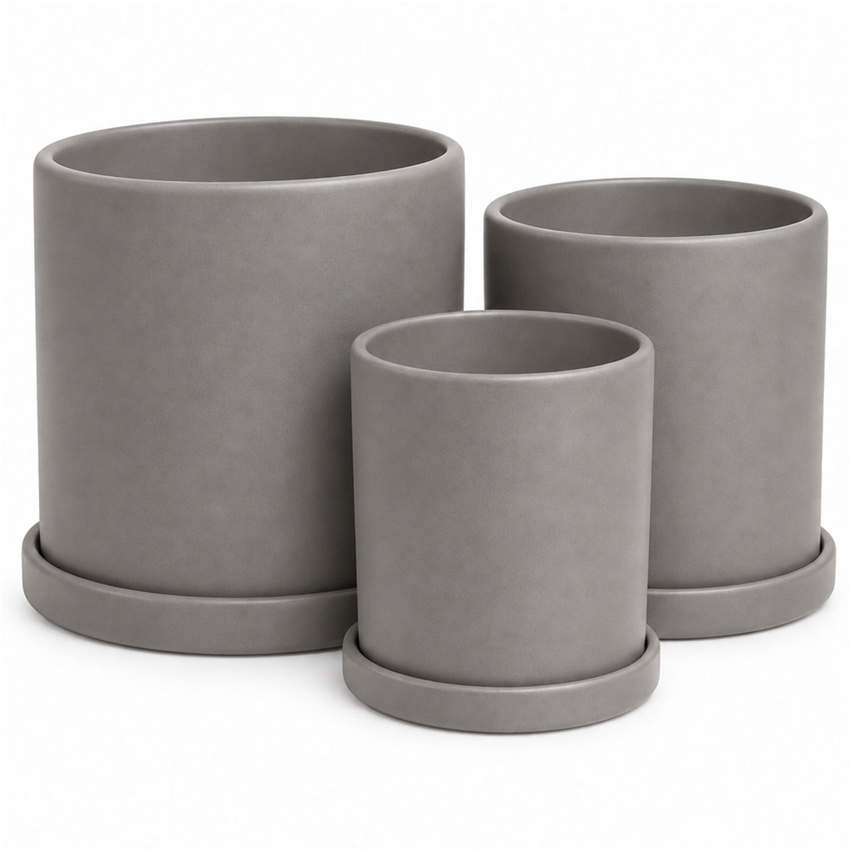 Ceramic Cylinder Pot in matte gray, shown in three sizes