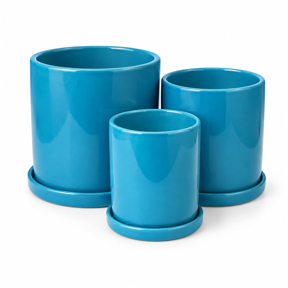 Ceramic Cylinder Pot in sky blue gloss, shown in three sizes