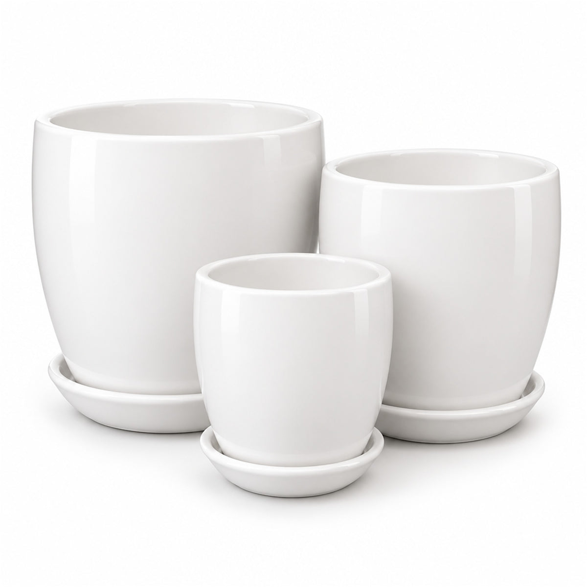 Classic Round Ceramic Pot in gloss white, shown in three sizes