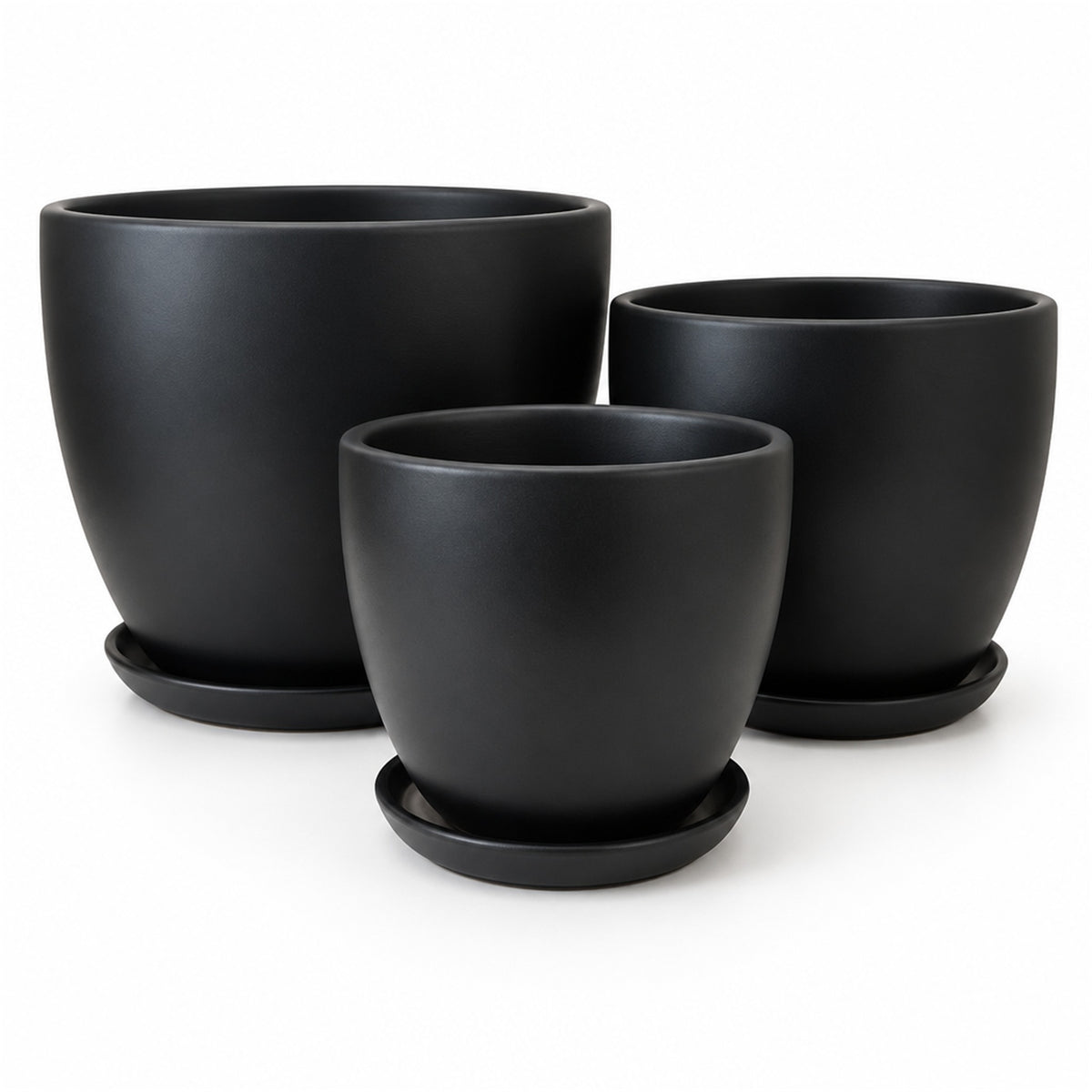 Classic Round Ceramic Pot in matte black, shown in three sizes