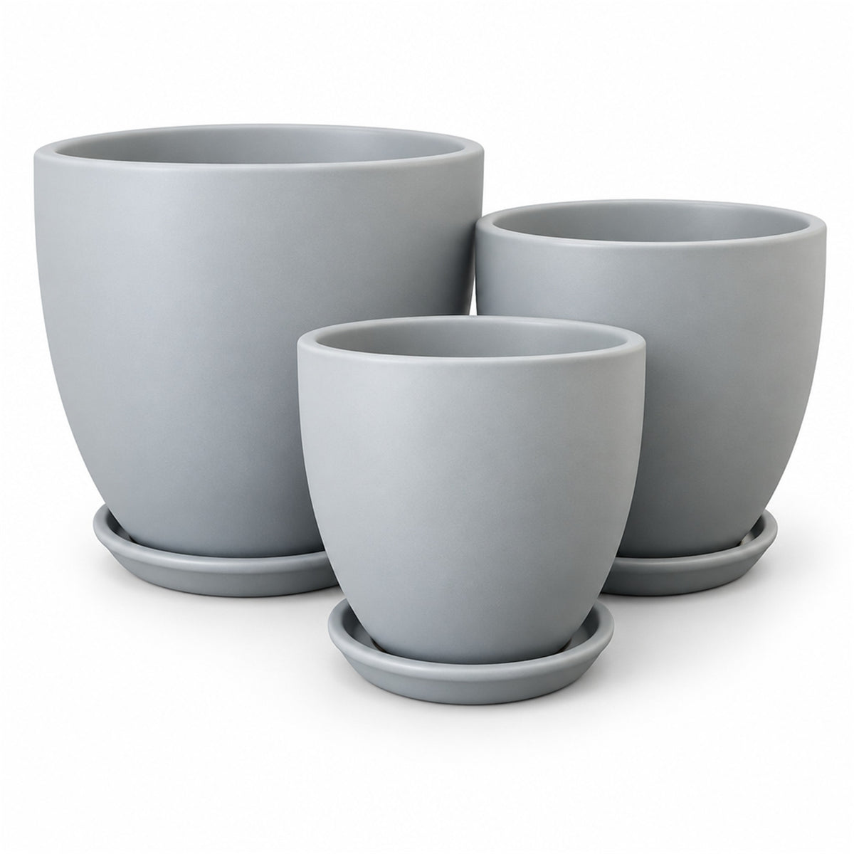 Classic Round Ceramic Pot in matte gray, shown in three sizes