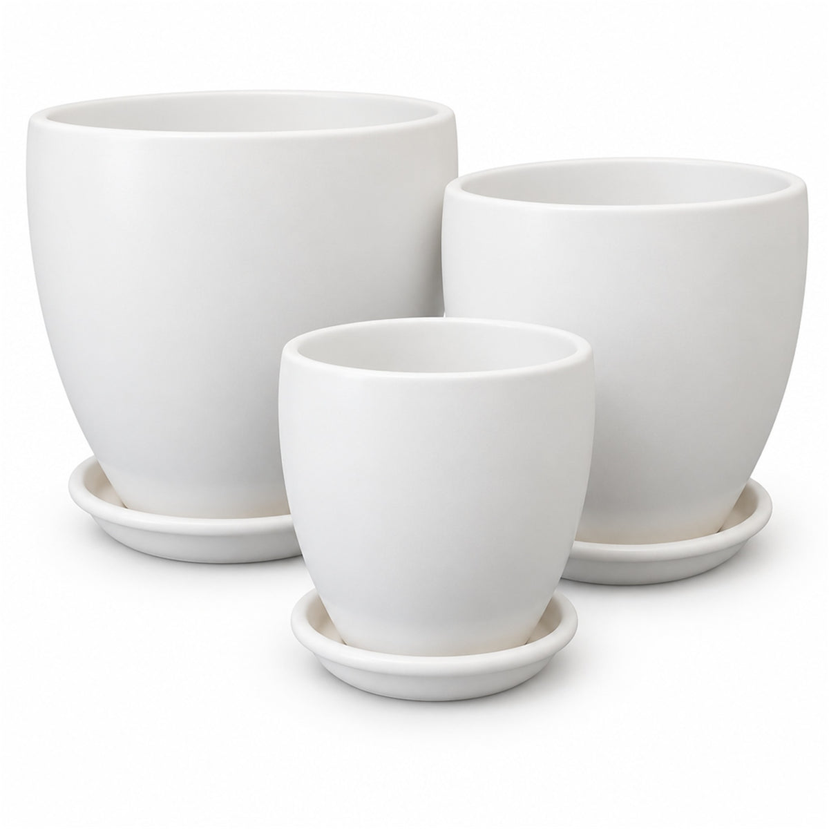Classic Round Ceramic Pot in matte white, shown in three sizes