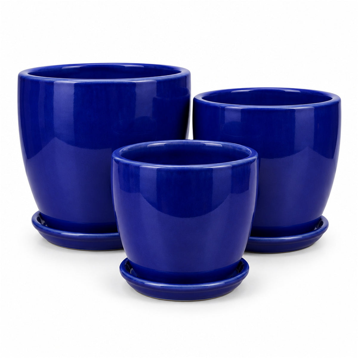Colorful Ceramic Pot in cobalt blue gloss, shown in three sizes