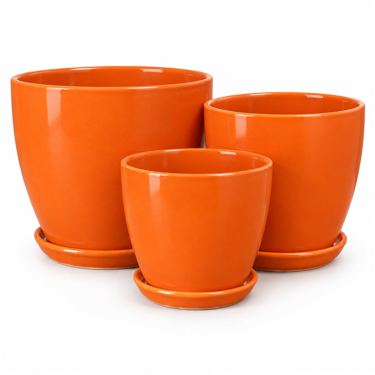 Colorful Ceramic Pot in orange gloss, shown in three sizes