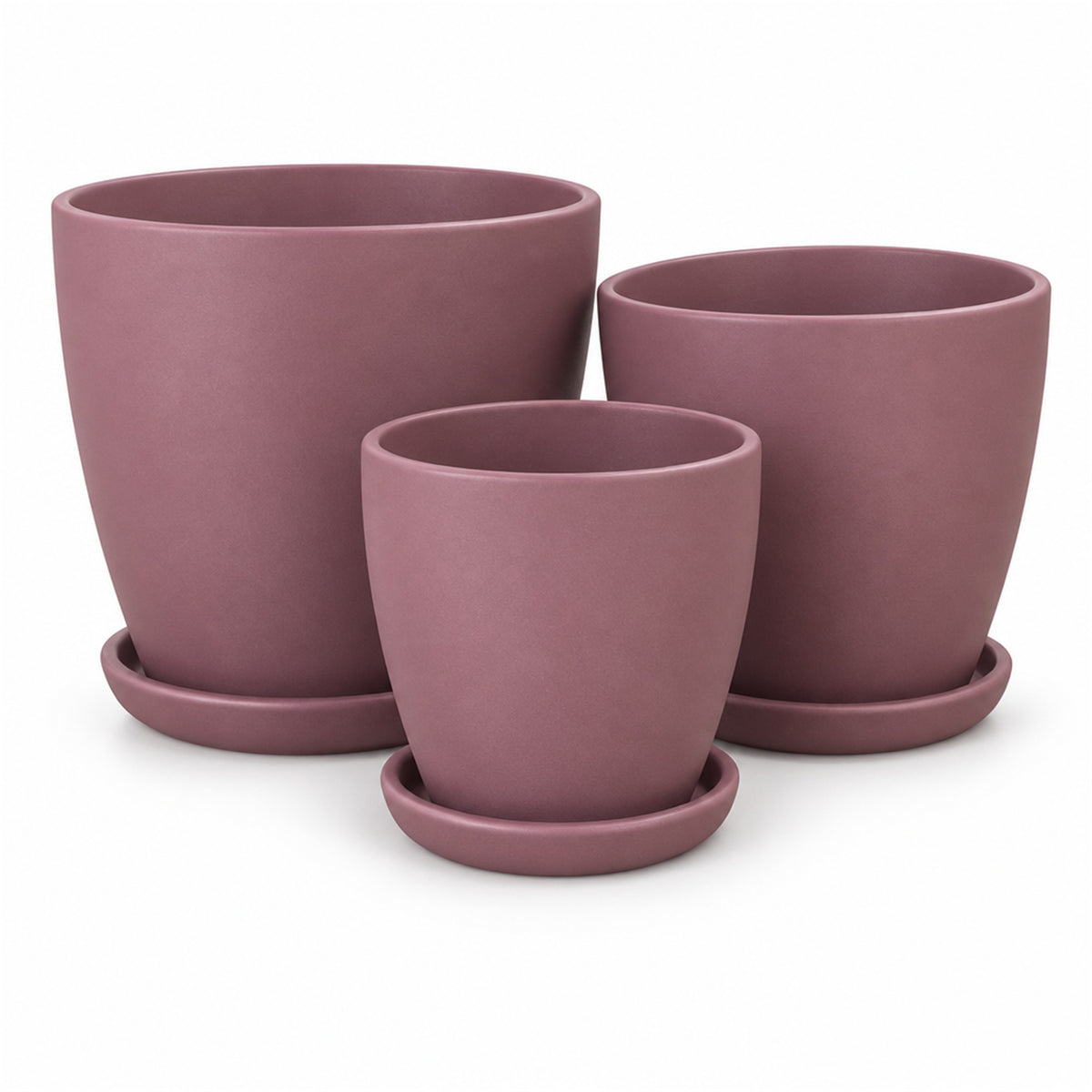 Colorful Ceramic Pot in purple matte, shown in three sizes