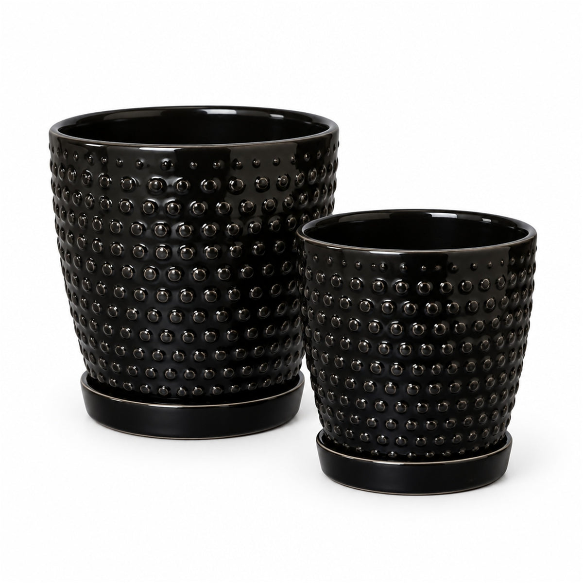 Dotted Textured Ceramic Pot in black, shown in two sizes