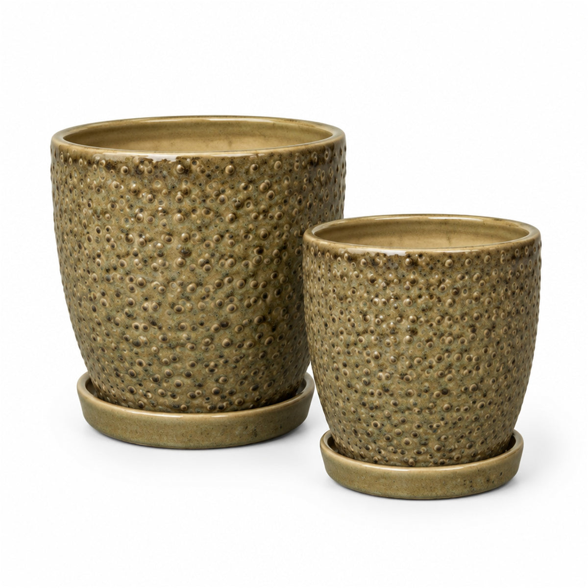 Dotted Textured Ceramic Pot in mud brown, shown in two sizes