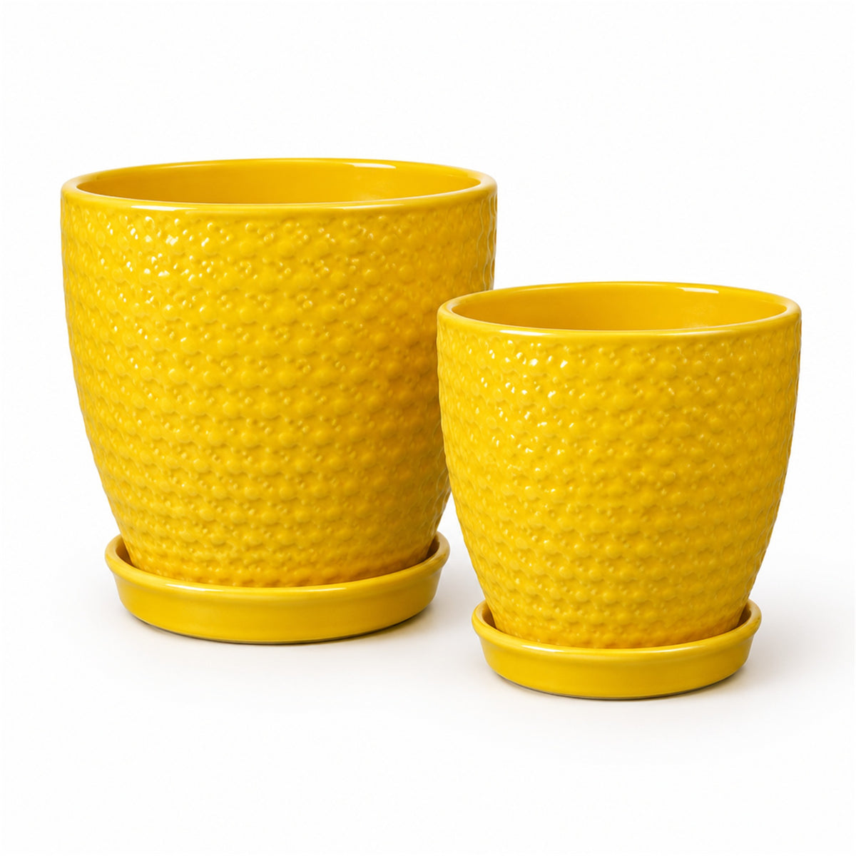 Dotted Textured Ceramic Pot in yellow, shown in two sizes