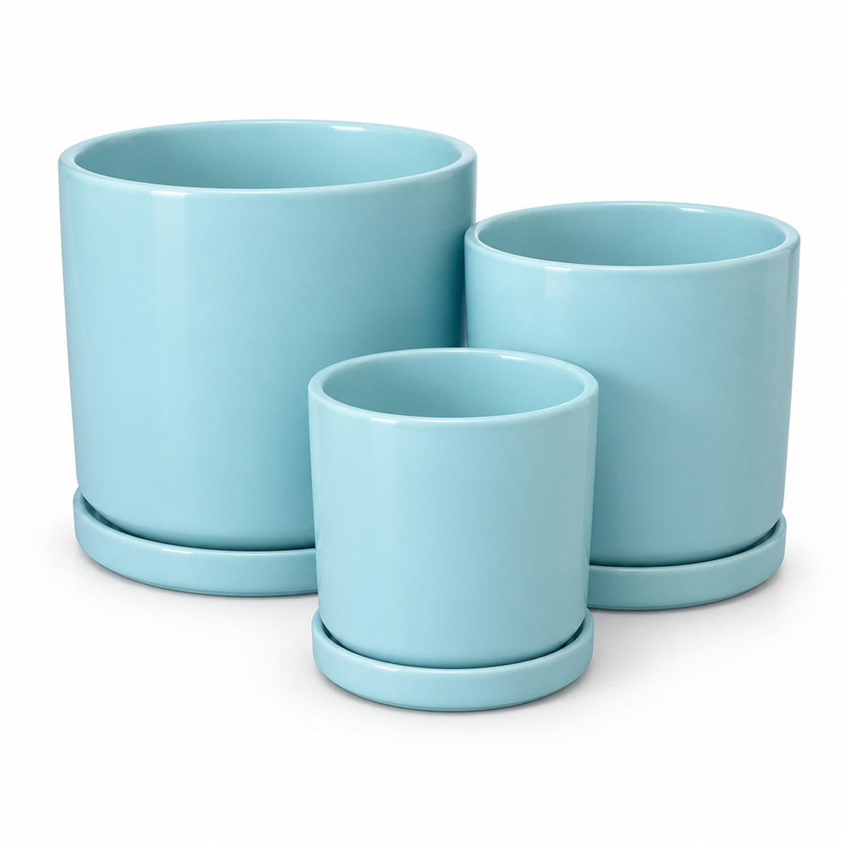 Gloss Ceramic Cylinder Pot in sky blue, shown in three sizes