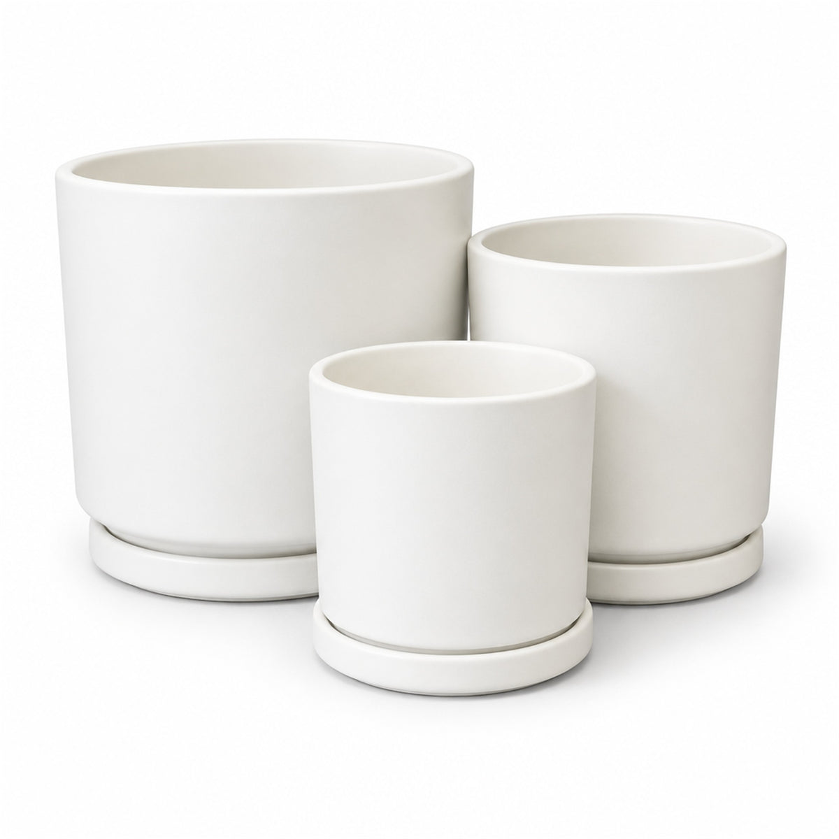 Gloss Ceramic Cylinder Pot in white, shown in three sizes