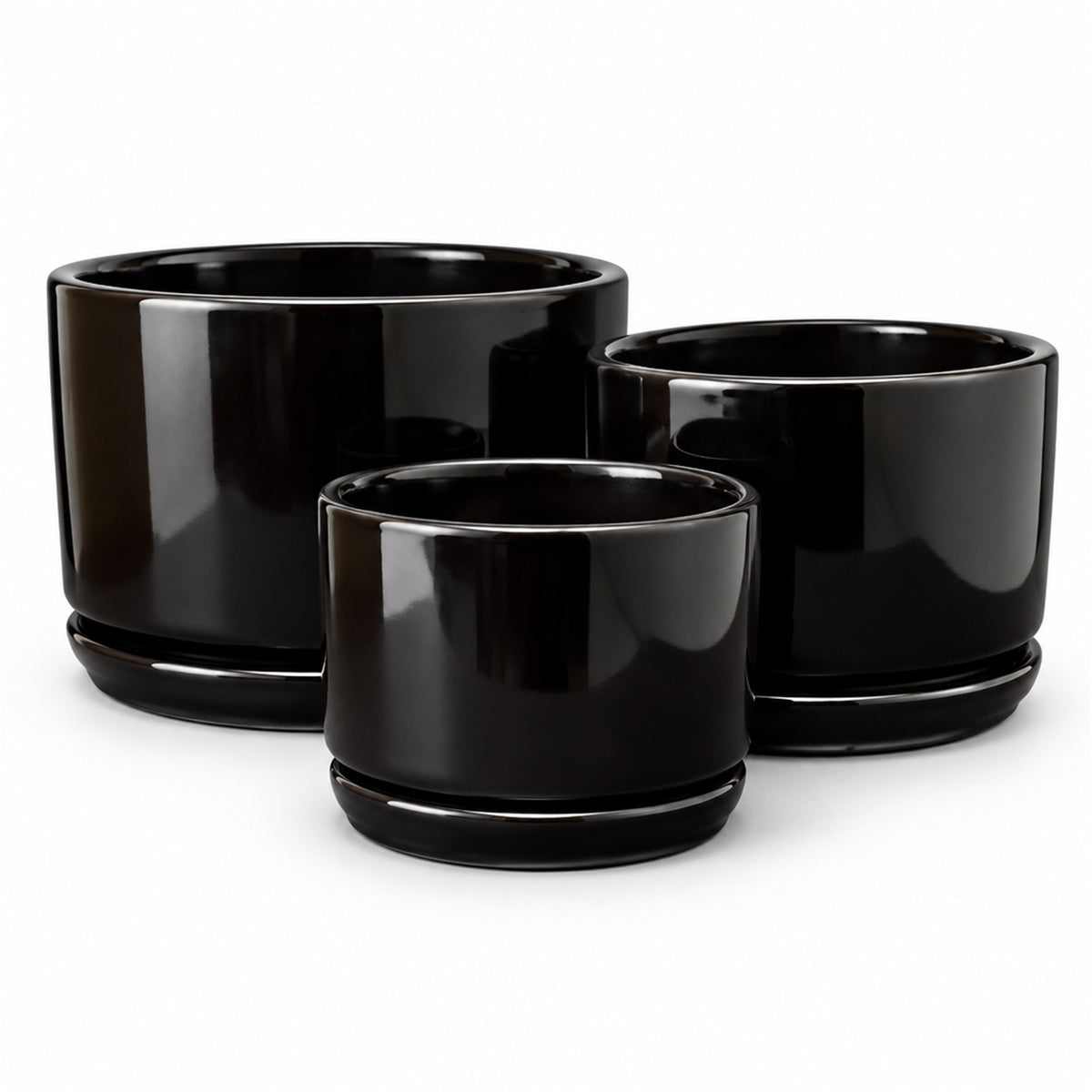 Low Round Gloss Ceramic Pot in black, shown in three sizes
