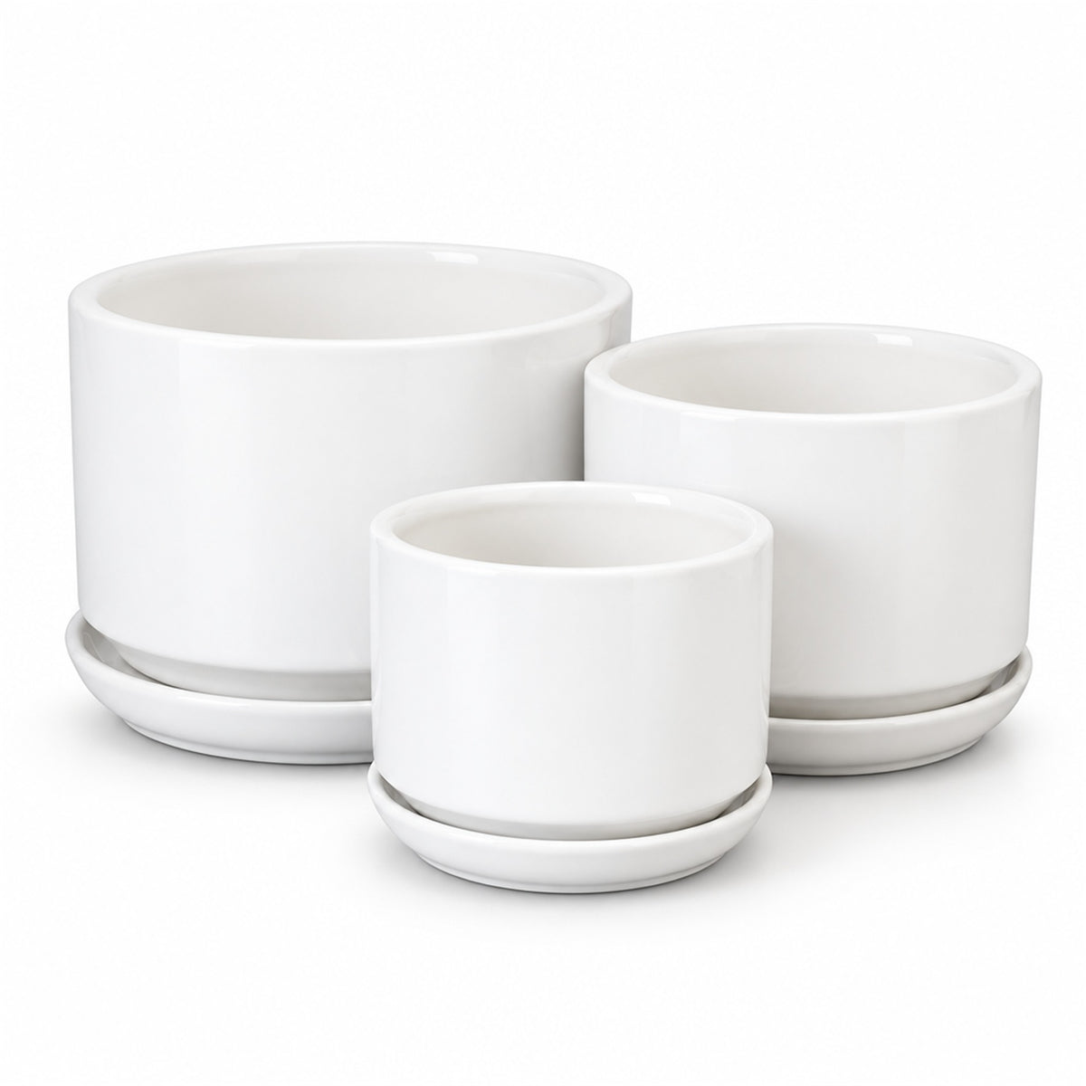 Low Round Gloss Ceramic Pot in white, shown in three sizes