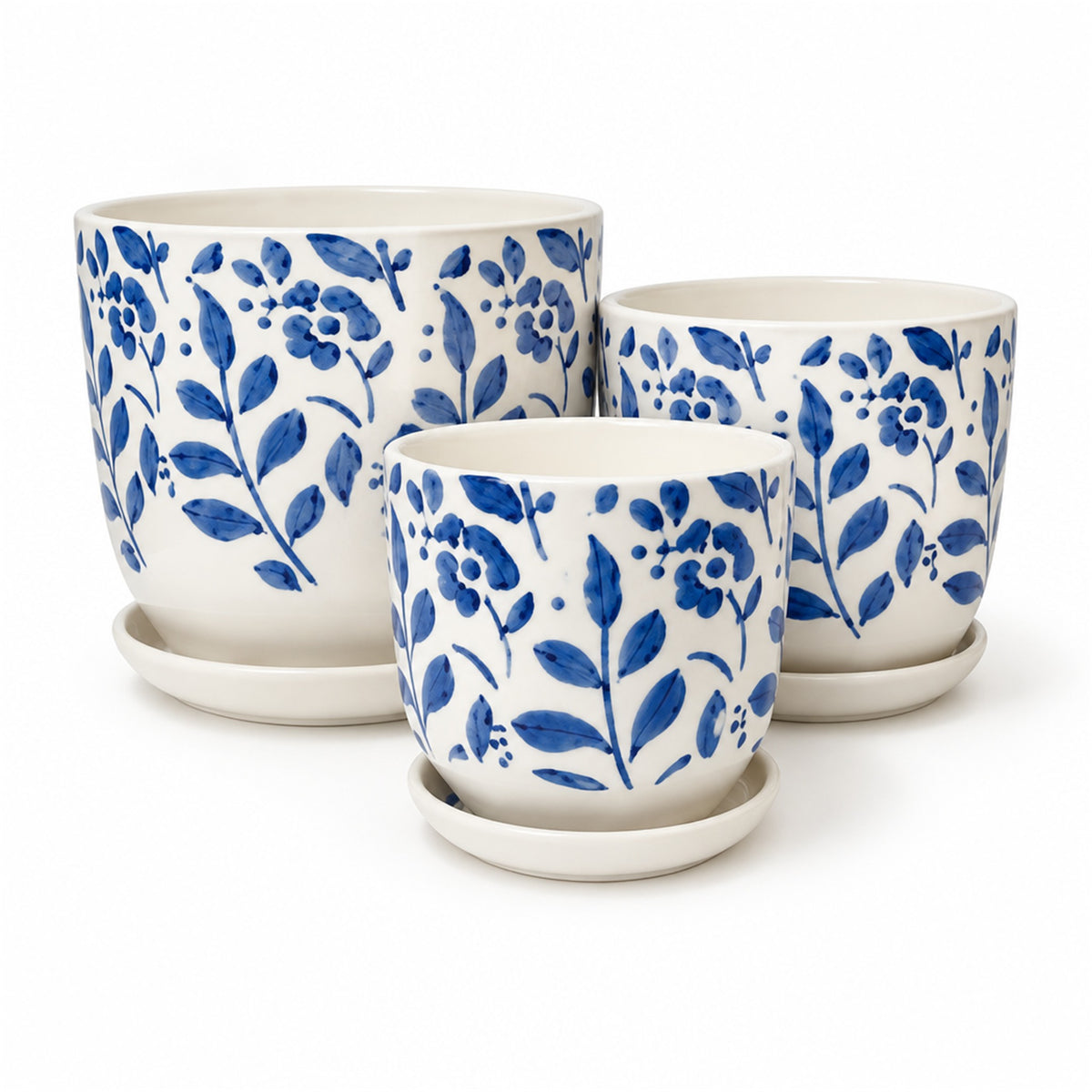 Navy Patterned Ceramic Pot in navy floral, shown in three sizes