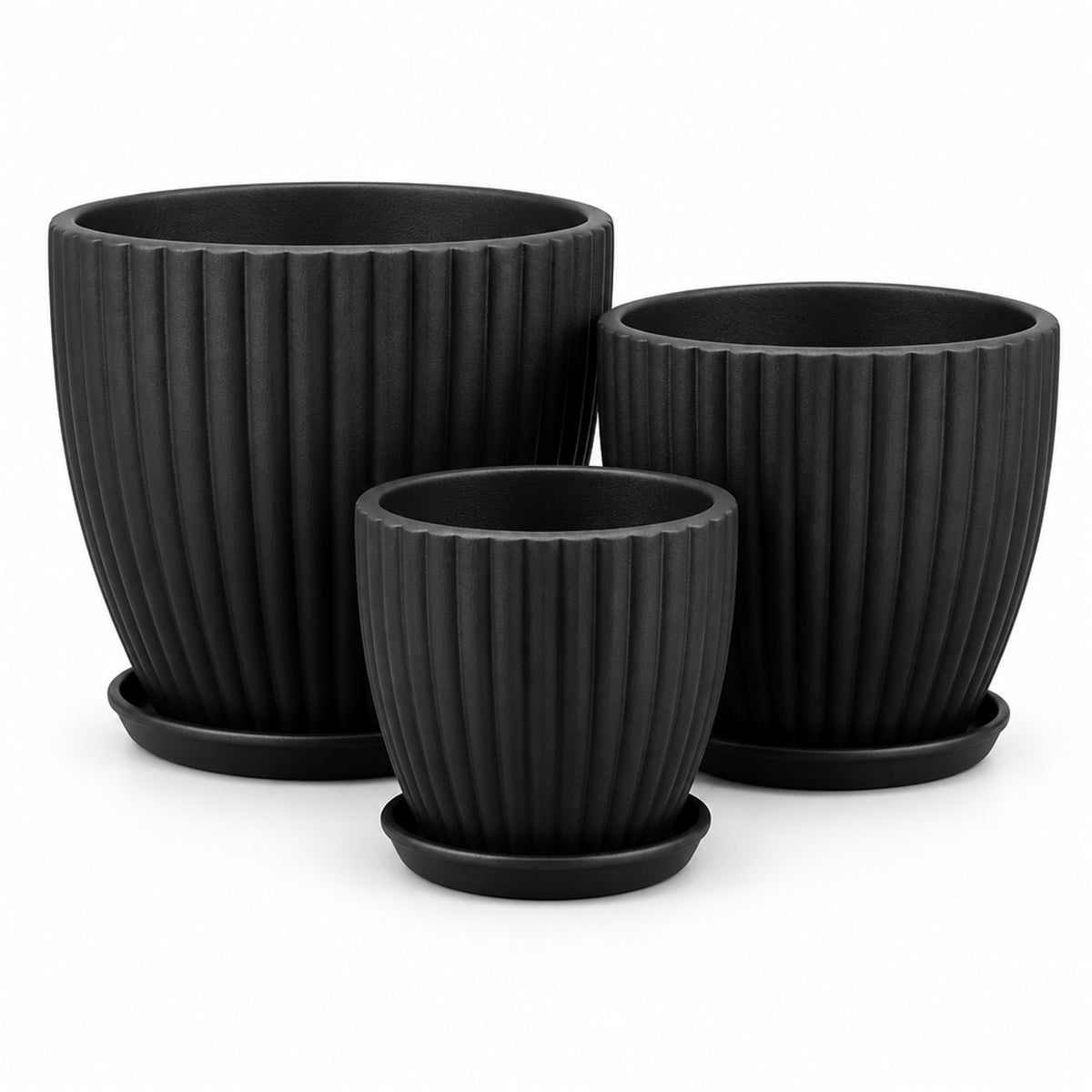 Ribbed Tapered Ceramic Pot in matte black, shown in three sizes