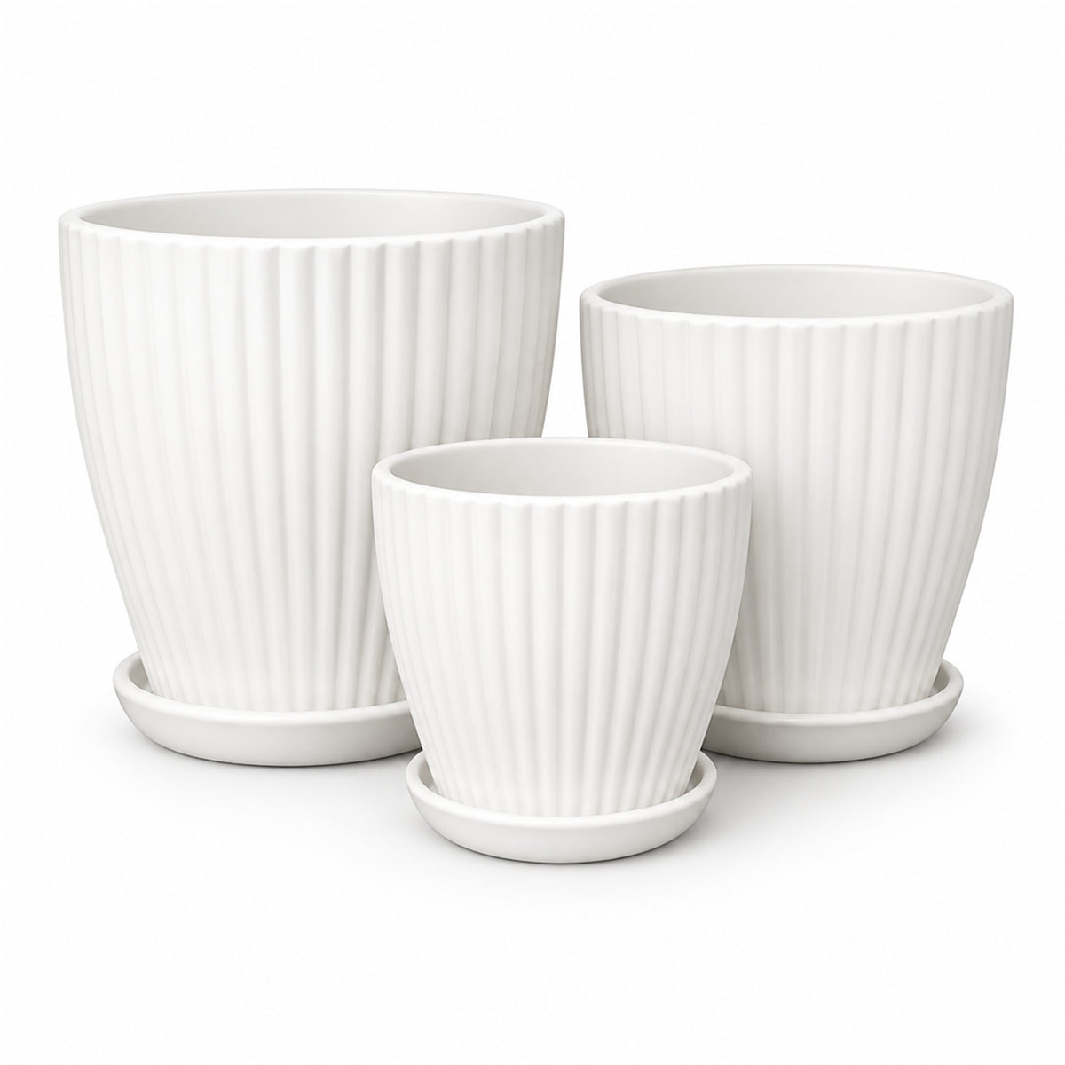 Ribbed Tapered Ceramic Pot in matte white, shown in three sizes