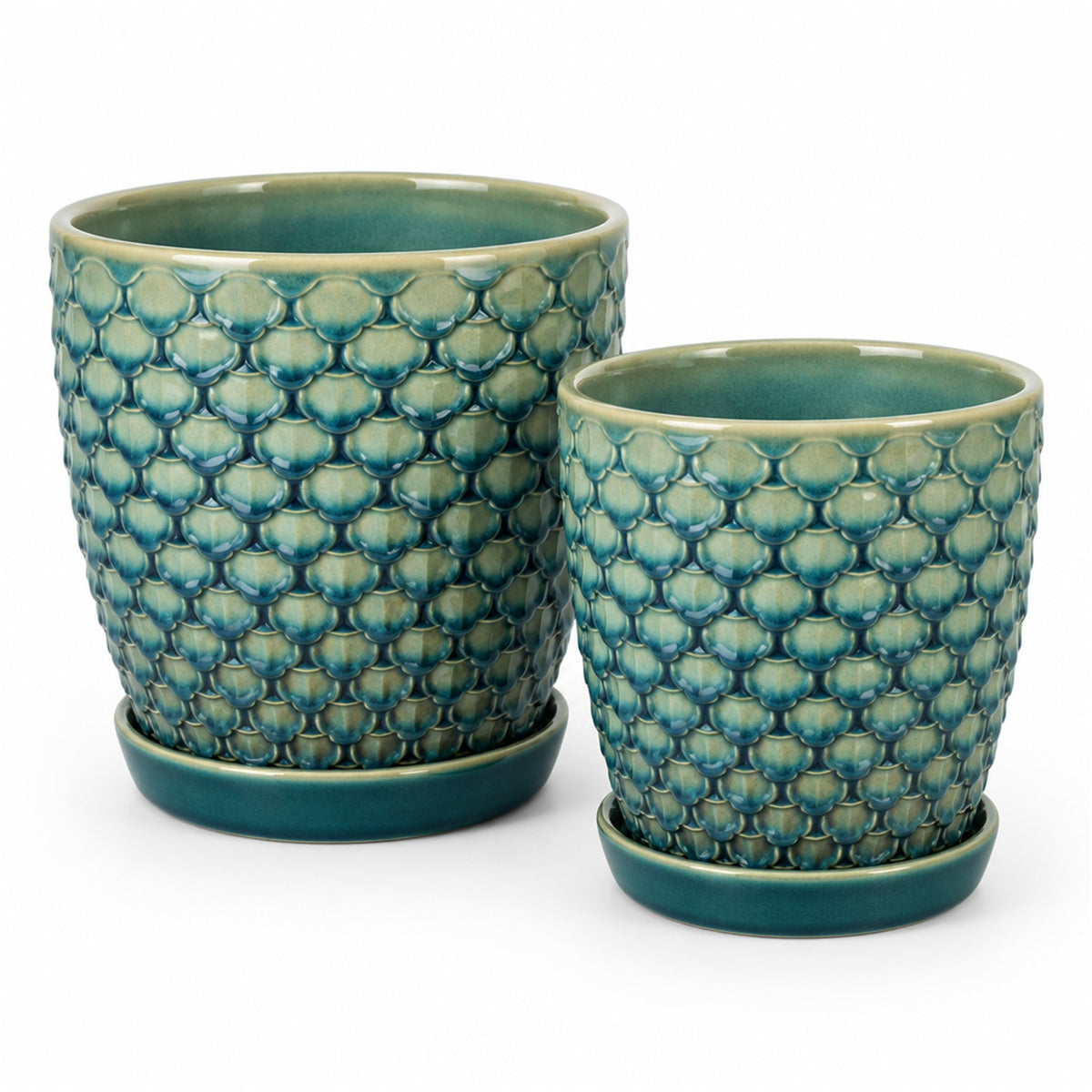 Scale Textured Ceramic Pot in teal, shown in two sizes