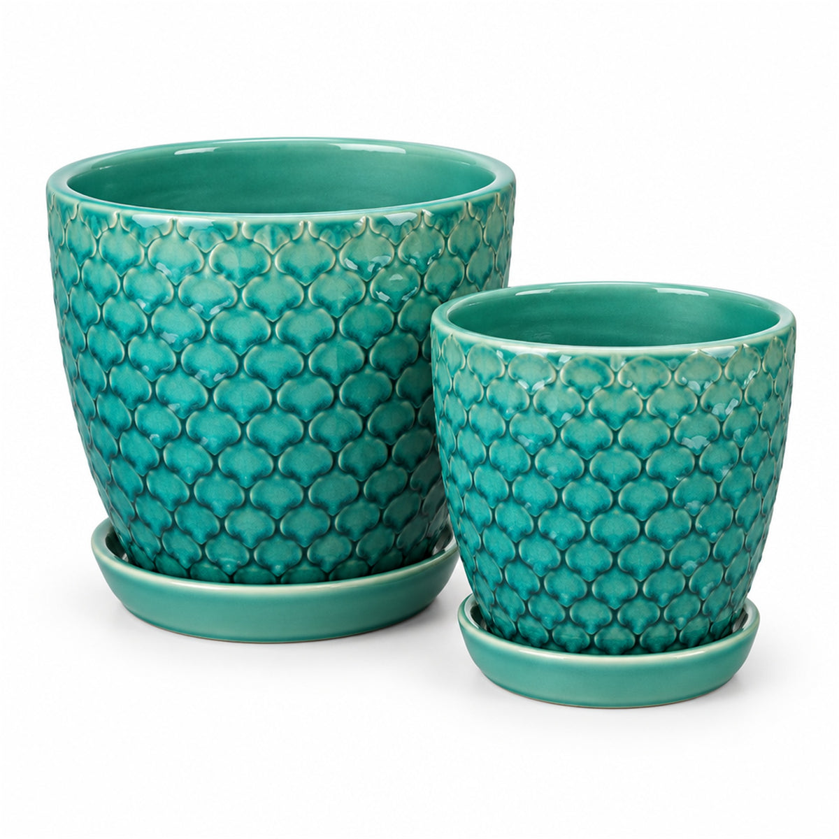 Scale Textured Ceramic Pot in turquoise, shown in two sizes