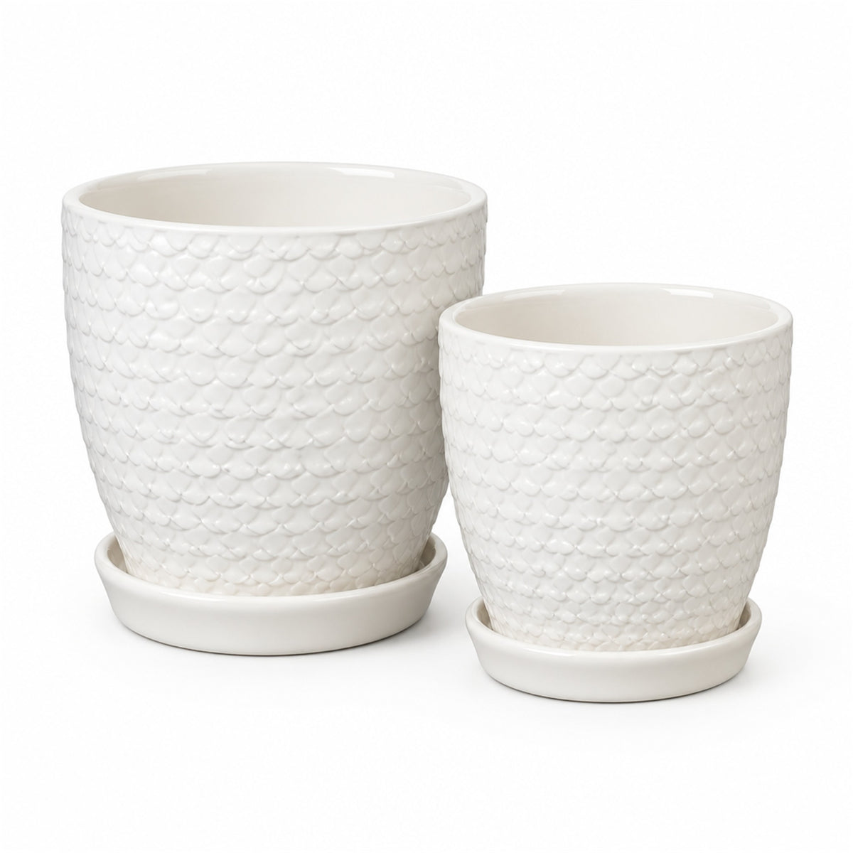 Scale Textured Ceramic Pot in white, shown in two sizes