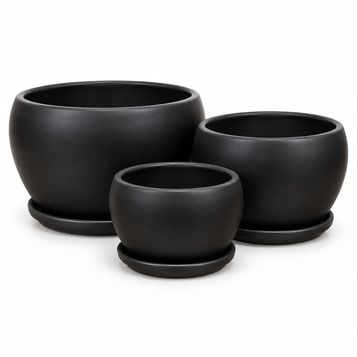 Tapered Egg Ceramic Pot in matte black, shown in three sizes
