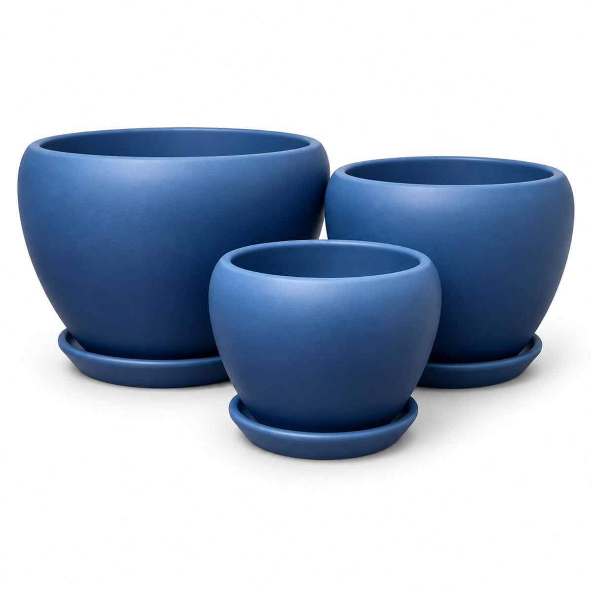 Tapered Egg Ceramic Pot in matte blue, shown in three sizes
