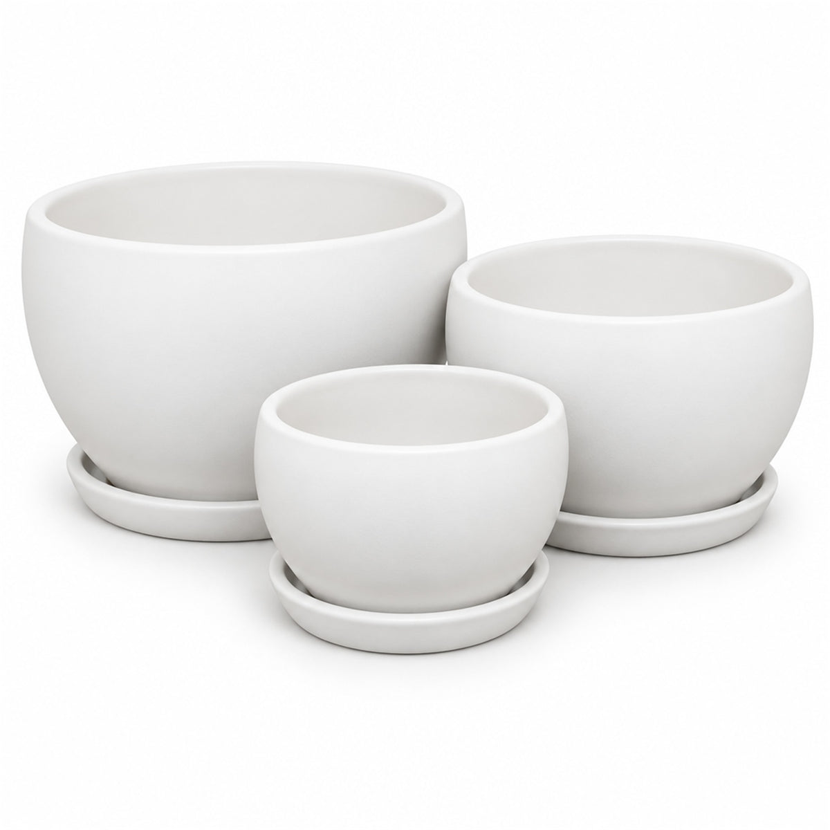 Tapered Egg Ceramic Pot in matte white, shown in three sizes