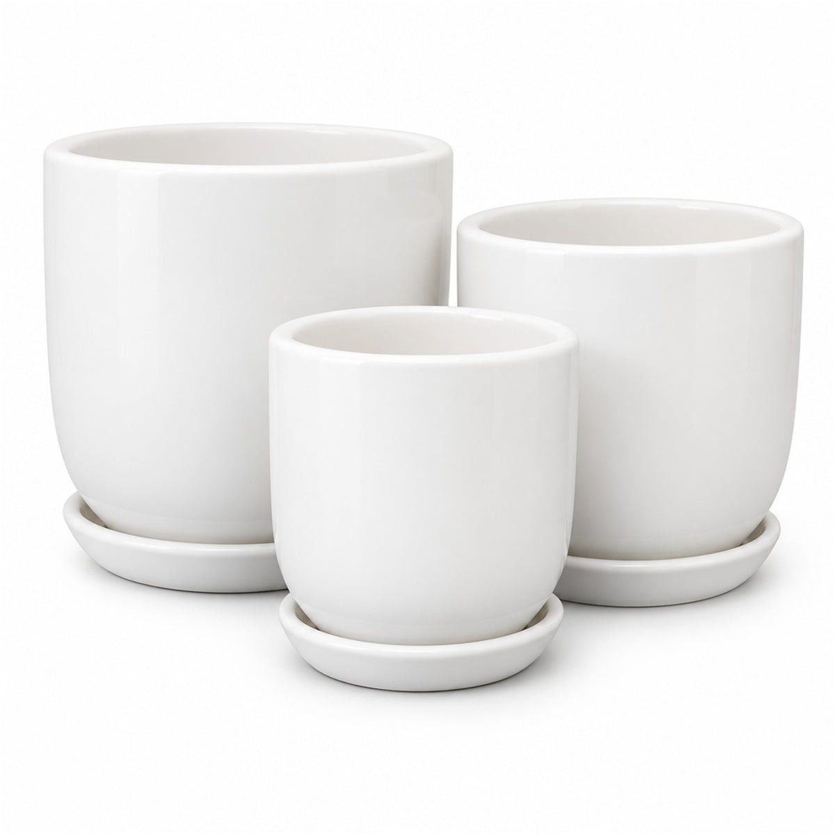 Tapered Round Ceramic Pot in gloss white, shown in three sizes