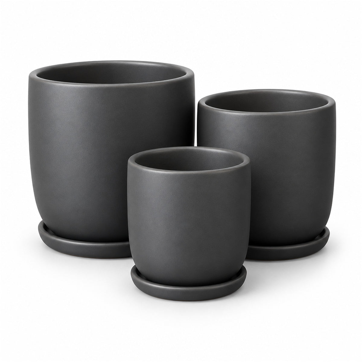 Tapered Round Ceramic Pot in matte black, shown in three sizes