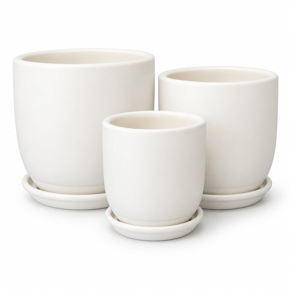 Tapered Round Ceramic Pot in matte white, shown in three sizes