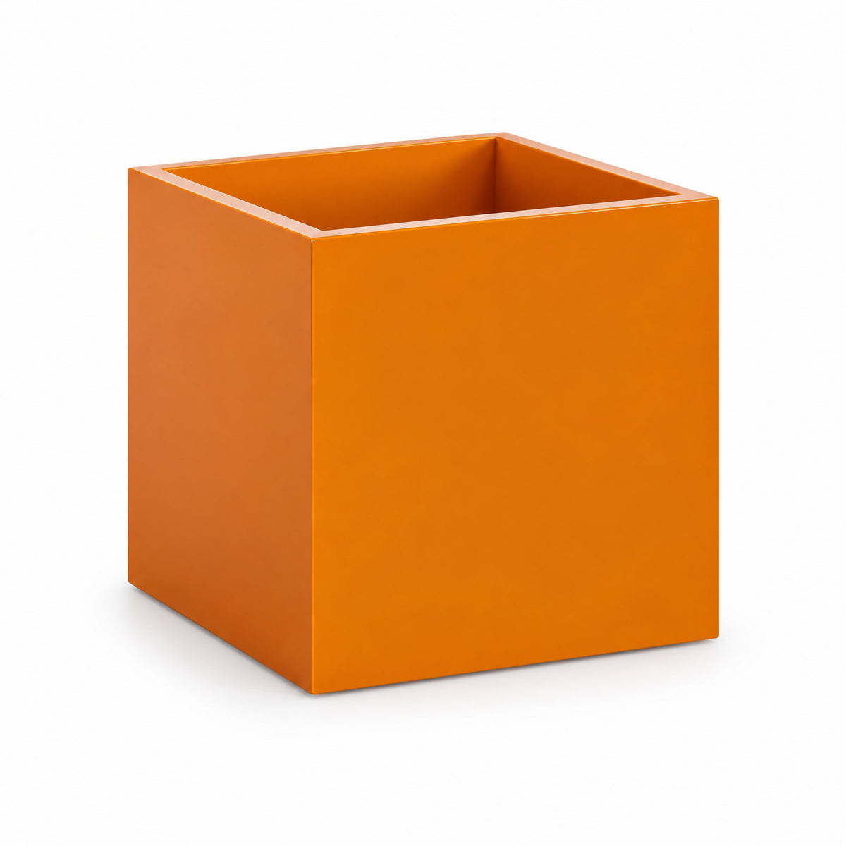 Urban Cube fiberglass planter in gloss tangerine