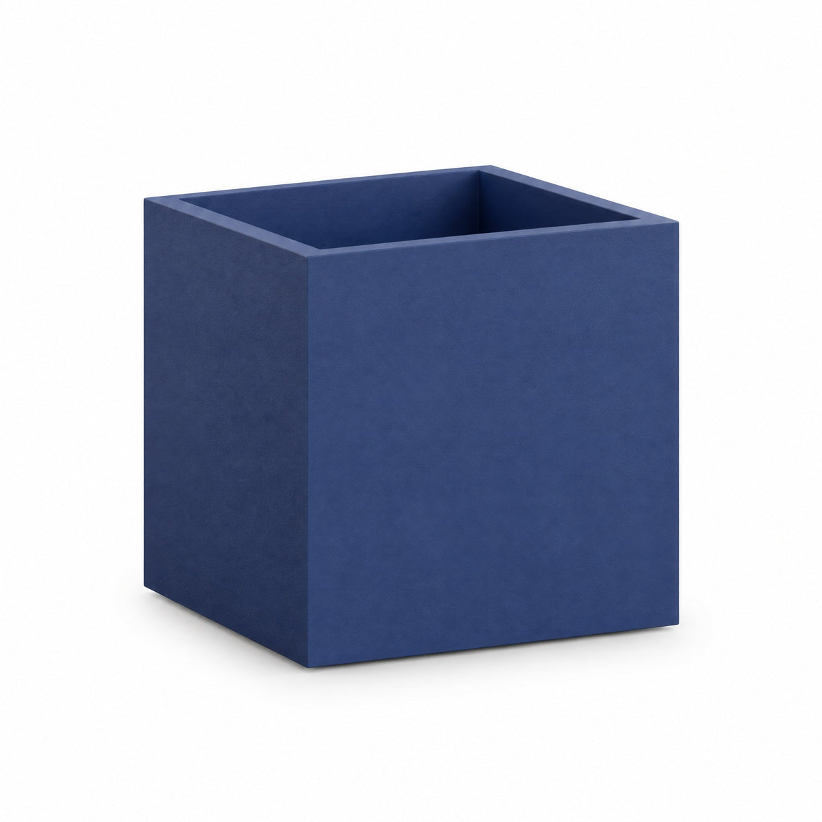 Urban Cube fiberglass planter in matte cobalt blue