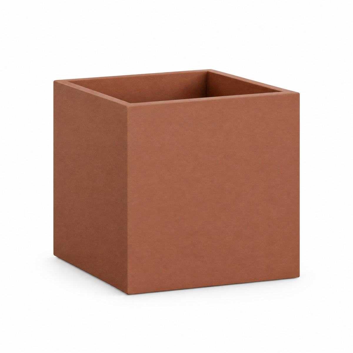 Urban Cube fiberglass planter in matte terracotta