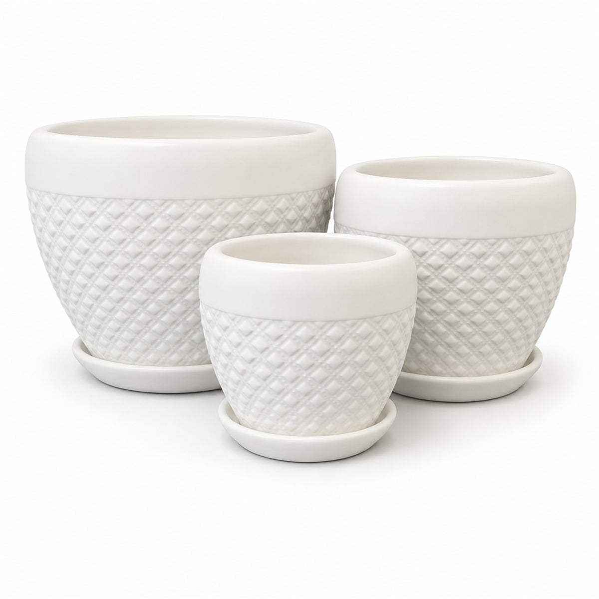 White Textured Ceramic Pot in banded diamond, shown in three sizes