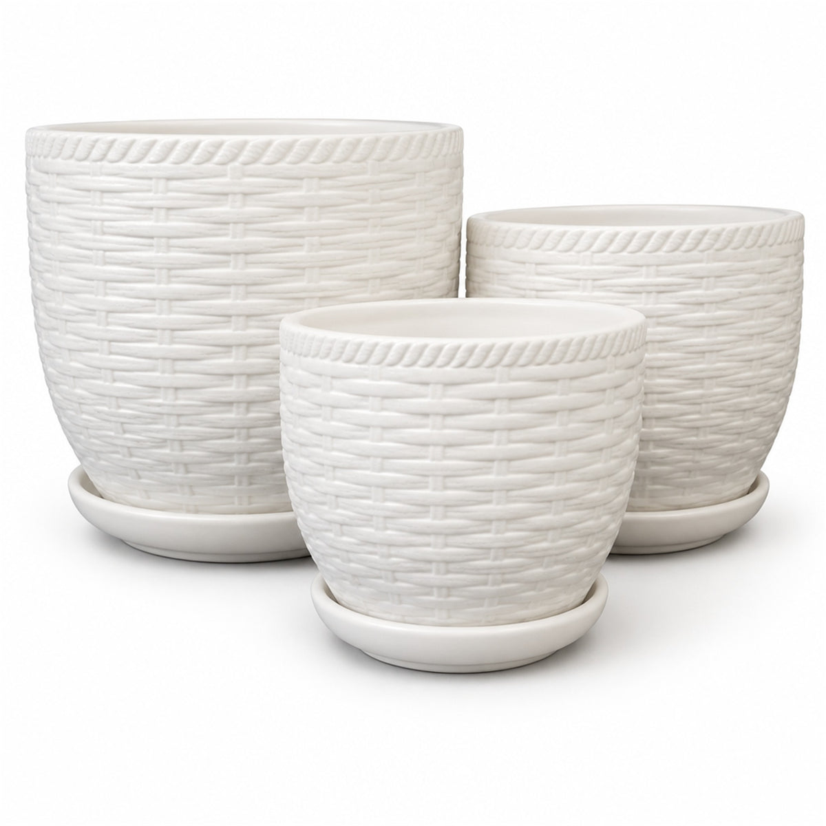 White Textured Ceramic Pot in basketweave, shown in three sizes