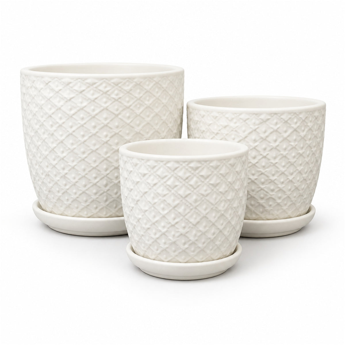 White Textured Ceramic Pot in diamond, shown in three sizes