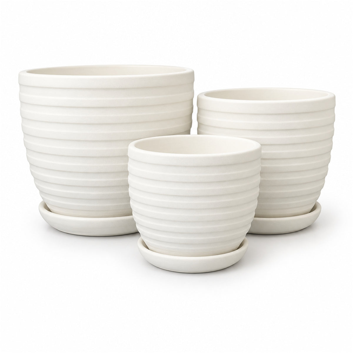 White Textured Ceramic Pot in horizontal band, shown in three sizes