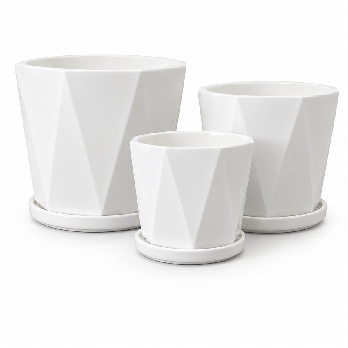 White Textured Ceramic Pot in triangle, shown in three sizes