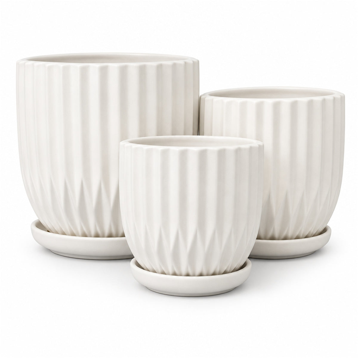 White Textured Ceramic Pot in vertical pleat, shown in three sizes